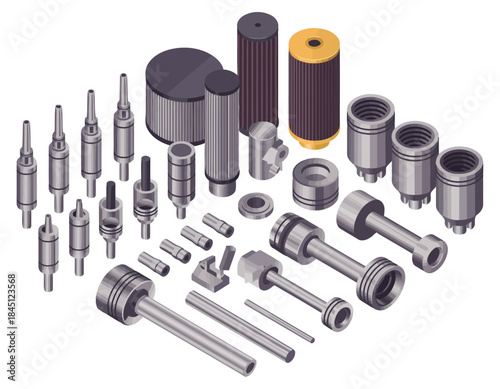 Isometric view of various car parts