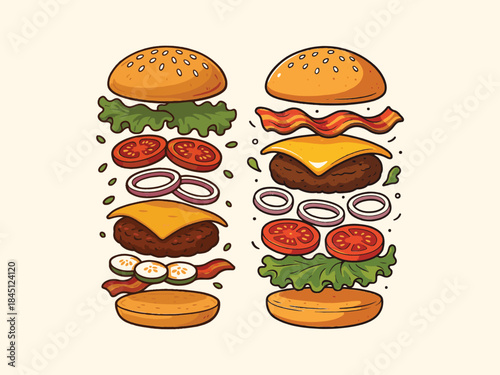 Burger layers exploded view with ingredients floating, creative vector