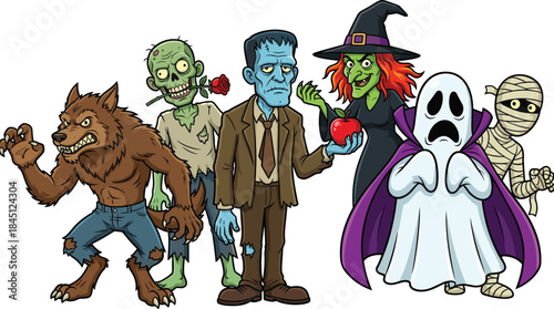 Halloween, monster, characters, group, cartoon, illustration, spooky, funny, zombie, witch, werewolf, mummy, ghost, Frankenstein, classic, horror, festive, colorful, mascot, concept