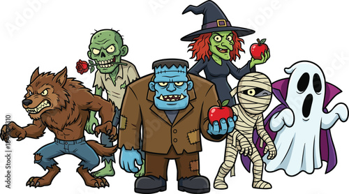 Cute, Halloween, monster, characters, group, cartoon, illustration, spooky, funny, zombie, witch, werewolf, mummy, ghost, Frankenstein, festive, holiday, mascot, colorful, concept
