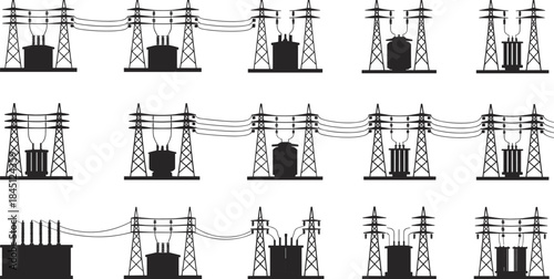 Electrical substation silhouettes, transformers, circuit breakers, pylons, high-voltage lines, black silhouette, power grid, infrastructure, energy, engineering, components