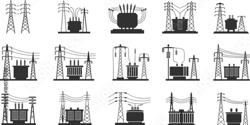 Electrical infrastructure icons, transmission towers, transformers, substations, power lines, black silhouette, grid layout, energy system, industrial design