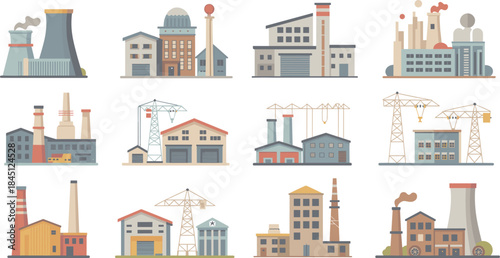 Industrial factory and power plant illustration set showing manufacturing buildings construction cranes energy production flat vector icons 