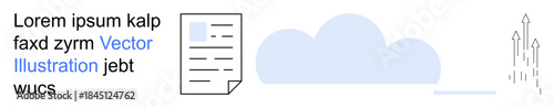 Cloud computing, data transfer, analytics, remote storage, file sharing, workflow automation. Document icon, cloud shape and upward-pointing arrows. Cloud computing and data transfer concept