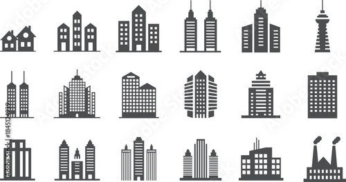 Building silhouette icons, residential, commercial, industrial, towers, skyscrapers, black silhouette, architecture, urban planning, real estate, design grid