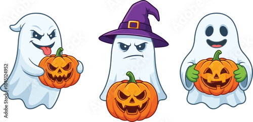 Cute, Halloween, ghost, cartoon, characters, holding, pumpkins, jack, o, lanterns, spooky, funny, festive, illustration, holiday, design, set, mascot, autumn, celebration