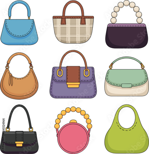 Set of nine colorful stylish handbags and purses in various shapes and designs, featuring fashion, accessories, leather goods, shopping, and luxury style vector illustration collection.