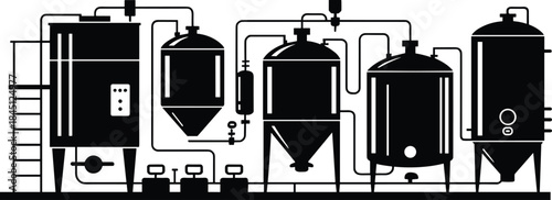 Industrial water treatment and filtration system silhouette illustration showing processing tanks, pipelines, valves, and factory purification infrastructure