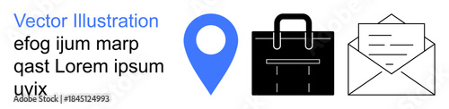 Business tools, corporate communication, digital correspondence, work navigation, business travel, postal services. Blue location pin, briefcase and envelope icons. Corporate communication and work