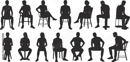Sitting people silhouette set, male and female chair poses, casual seated human figures, black isolated collection, minimal design, white background
