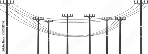 Electric power line silhouette with utility poles and transmission cables energy grid infrastructure black vector illustration isolated on white background