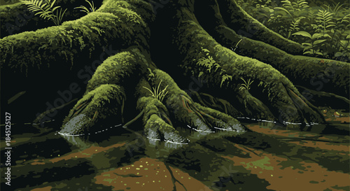 Gnarled, moss-covered tree roots dramatically emerge from the still, dark water on a forest floor, illustrating nature's enduring strength and serene, ancient beauty.