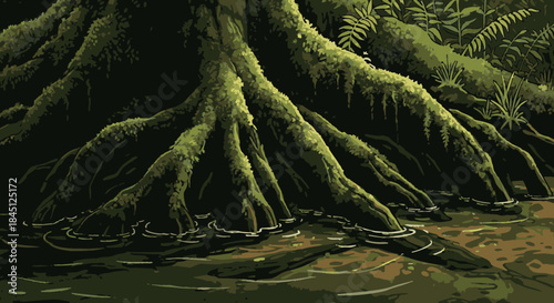A detailed pixel art illustration captures the ancient, moss-covered roots of a large tree emerging from murky water in a dense, mysterious jungle.