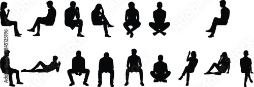 Seated silhouette figures, relaxed poses, body language, sitting styles, black silhouette, human form, posture, gesture, design, reference