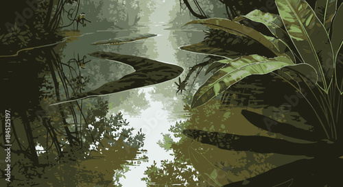 A mysterious and dense tropical rainforest scene with lush green foliage and a reflective body of water, evoking a sense of untouched wilderness.