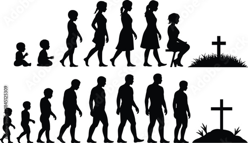 Human life cycle silhouettes, male and female, aging progression, crawling to grave, black silhouette, development, mortality, timeline, growth, aging