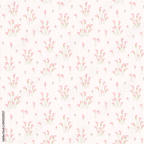 Seamless floral pattern. Floral background with small pink tiny flowers on a stripe light background. Ditsy style. Flower seamless pattern for  fashion, texture, fabric, wallpaper, fashion prints. 