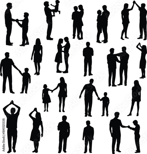 Adult child silhouette, family interaction, parenting gesture, holding hands, dancing, talking, black vector, white background, isolated illustration, care