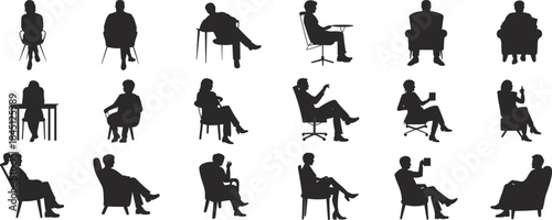 Seated silhouette figures, chair posture, body language, sitting styles, black silhouette, human form, gesture, design, ergonomics, reference