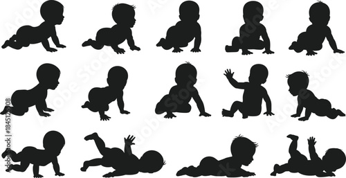 Baby silhouette, crawling infant, sitting toddler, raised hand, lying posture, black vector, white background, isolated illustration, child movement, playful pose