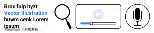 Search tools, media streaming, audio recording, digital interaction, content creation, multimedia services. Magnifying glass, video player and microphone. Search tools and media streaming concept