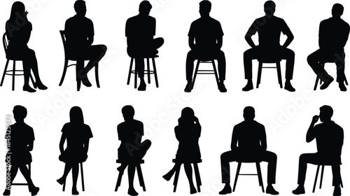 Seated silhouette figures, chair posture, body language, sitting styles, stools, gestures, black silhouette, human form, design, ergonomics