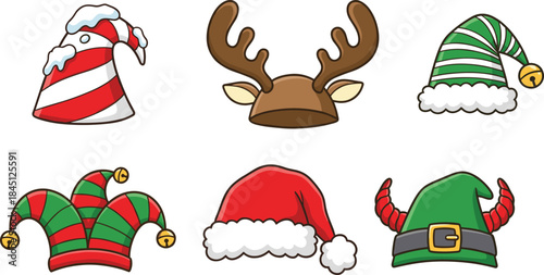 Cute Christmas hats icon set, festive cartoon winter headwear collection, holiday elf santa reindeer accessories illustration design