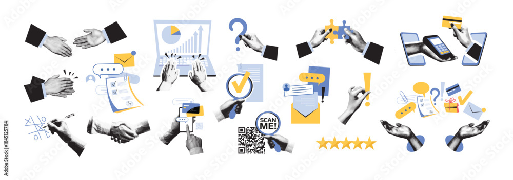Fototapeta premium Halftone collage of business elements. Shaking hands, online credit card payments, multitasking, and management. Technology, startups, ideas, and teamwork concepts. Modern vintage vector illustration.