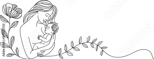 Mother holding baby, line art, floral design, tender gesture, minimalist style, black vector, white background, isolated illustration, love, care