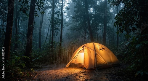 Illuminated camping tent glowing warmly in a dark misty forest during a light rain shower on a wet muddy ground at night