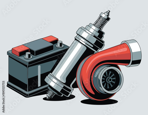 Car parts including a battery, spark plug, and turbocharger on light blue