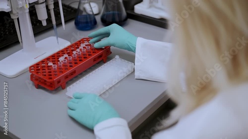 Female scientist moved tests from one rack to another.