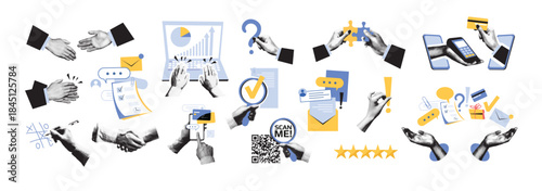 Halftone collage of business elements. Shaking hands, online credit card payments, multitasking, and management. Technology, startups, ideas, and teamwork concepts. Modern vintage vector illustration.