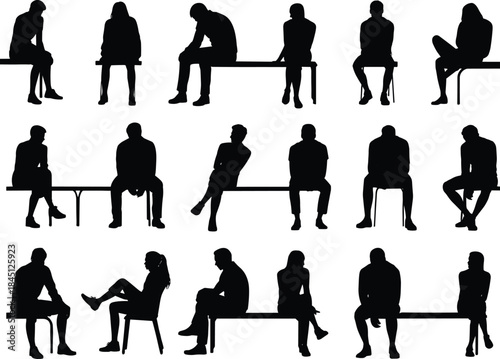 Sitting people silhouette set, men and women seated bench poses, black human figures, isolated collection, minimal design, white background