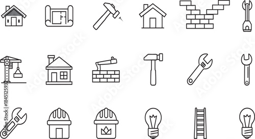 Construction Tools and House Building Icons Set, Graphic Illustration, Minimalist Design, Top View, Digital Vector Concept