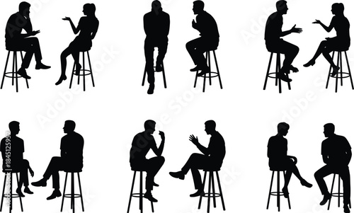 People talking silhouette collection, seated conversation poses, men and women discussion scenes, black human figures, isolated set, minimal design, white background