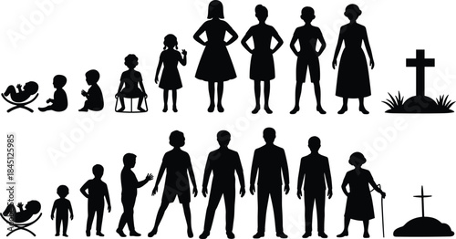 Human life stages silhouettes, male and female, cradle to grave, aging timeline, development, mortality, black silhouette, growth, cycle