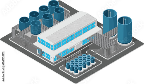 Isometric industrial water treatment facility illustration showing storage tanks, pipelines, processing building, and clean water infrastructure system