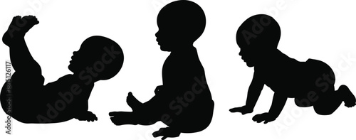 Baby silhouette, infant movement, lying pose, sitting posture, crawling stage, black vector, white background, isolated illustration, child development, motor skills