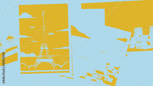 Eiffel tower silhouette in yellow and light blue abstract cityscape with clouds and flag