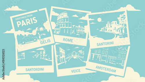 Collection of vintage travel postcards from paris, rome, santorini, amsterdam, and venice, featuring iconic landmarks and cityscapes in a nostalgic, blue and beige color