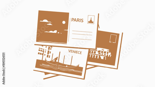 Brown illustration of paris and venice cityscape postcard designs on stands