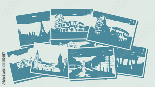 Collection of blue and white postcards featuring famous european landmarks and cityscapes in a collage