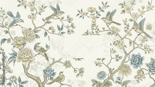 Chinoiserie wallpaper with birds and blooming flowers vintage floral pattern for interior design elegant and classic textile backg