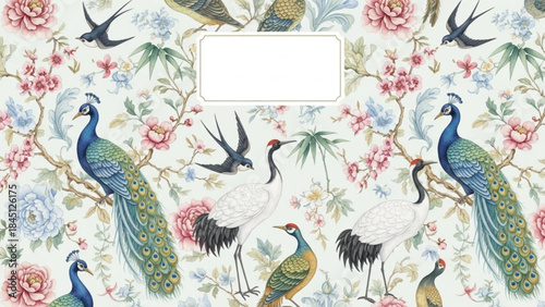 Exotic birds and floral pattern vintage illustration of peacocks cranes and swallows with peonies and bamboo for textile or wallpa