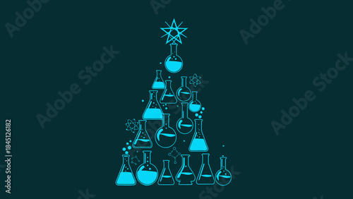 Science christmas tree with laboratory glassware and equipment on dark green background