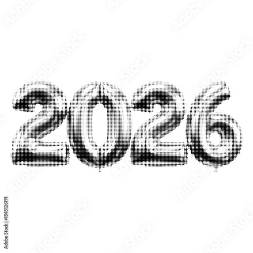 Halftone style number 2026 made of dots, modern typographic illustration isolated on white background. Ideal for New Year design, calendar, banner, poster, trend visual, or digital branding.