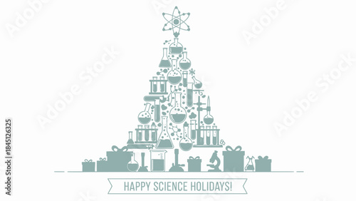 Science christmas tree with laboratory equipment and gifts on white background happy science holidays