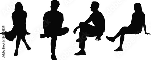 Sitting people silhouette set, male and female relaxed poses, casual seated body language, black isolated human figures, minimal white background
