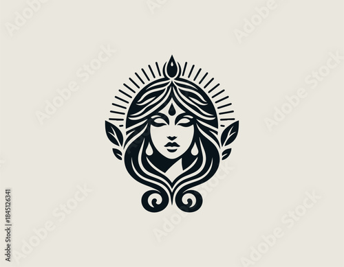 Goddess beauty portrait expressing feminine elegance through refined minimalist black vector logo illustration